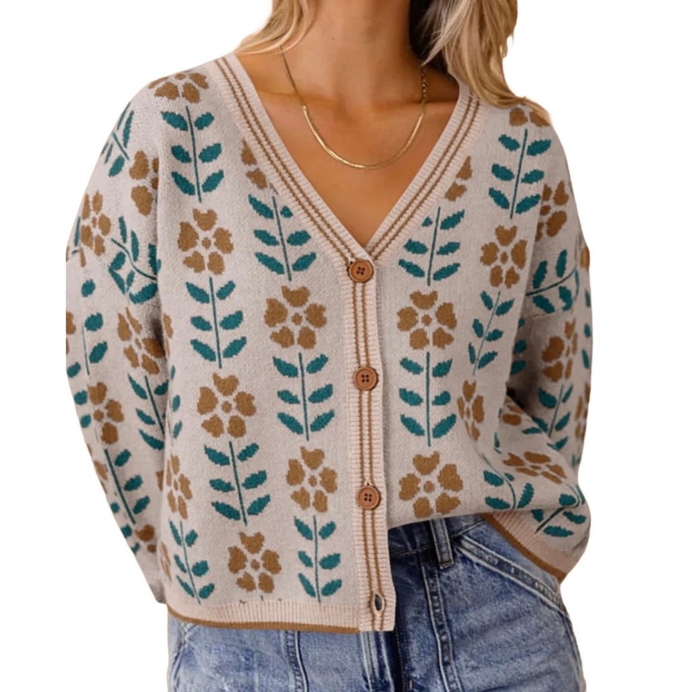 Floral Button Up Cardigan Women's Size Medium Retro Cute Feminine Cozy